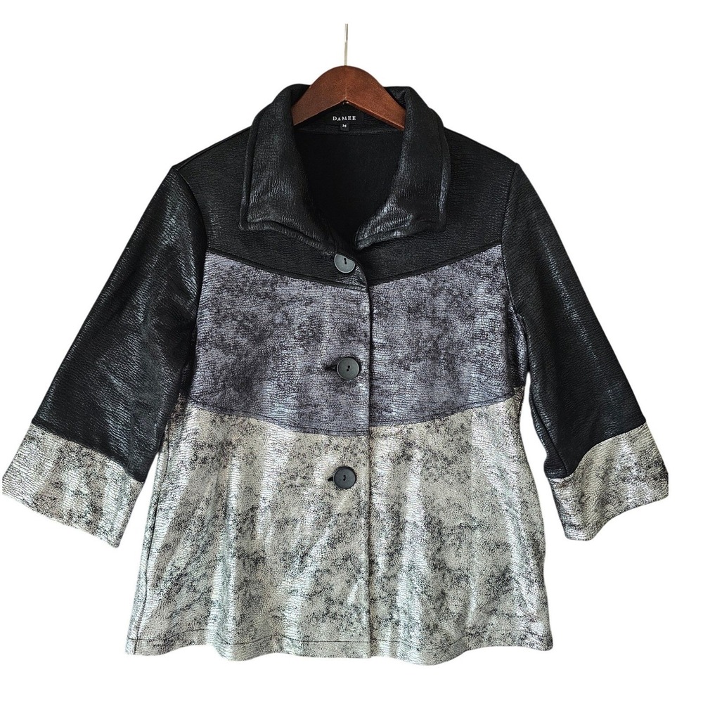 Damee‎ Wire Collar Metallic Colorblock Crinkle Jacket Silver Black Size Medium